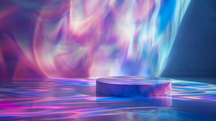 Abstract empty stage, circle podium on dark blue background with rainbow crystal light refraction sparkles.Pedestal for cosmetic product and packaging mockups display presentation
