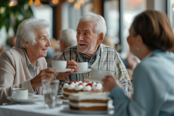 Old people, pensioners chatting nicely in a cafe, laughing drinking tea and eating sweets, happy old age