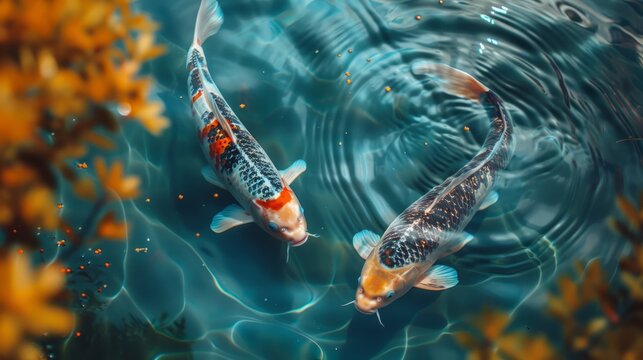 A tranquil scene captures the graceful movement of two large koi fish swimming peacefully in a serene pond