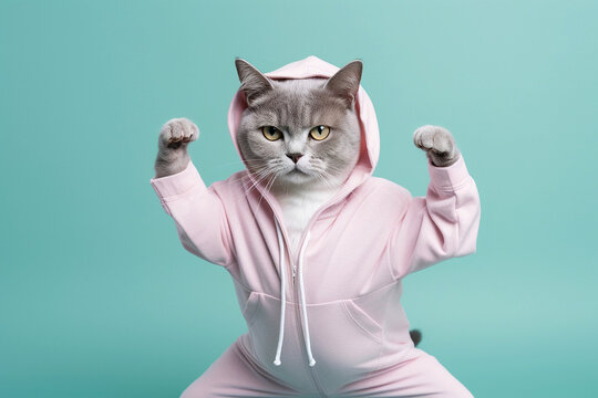 Cat Dressed in sportswear stretching legs, doing yoga, exercising. Kitten dressed as a sports athlete. Clothing for pets, humanoid cat, feline fashion. Cat in clothes like a human, copy space