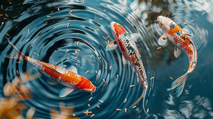 A tranquil scene captures the graceful movement of two large koi fish swimming peacefully in a serene pond - obrazy, fototapety, plakaty