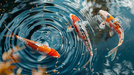 Fotobehang A tranquil scene captures the graceful movement of two large koi fish swimming peacefully in a serene pond © Saowanee