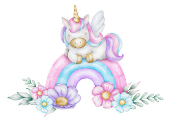 Cute baby Pink Rainbow, fairy tale unicorn, flowers and leaves. Isolated watercolor illustration for logo, kid's goods, clothes, textiles, postcards, poster, baby shower and children's room