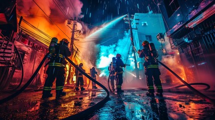 Firemen at work,Firemans team during firefighting - obrazy, fototapety, plakaty