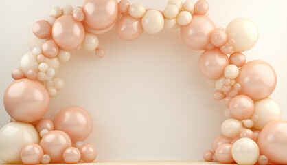 Fototapeta na wymiar Generative AI, arch of peach fuzz color balloons. Birthday party, wedding or shower 3d background. Mockup, template for greetings or invitations. 
