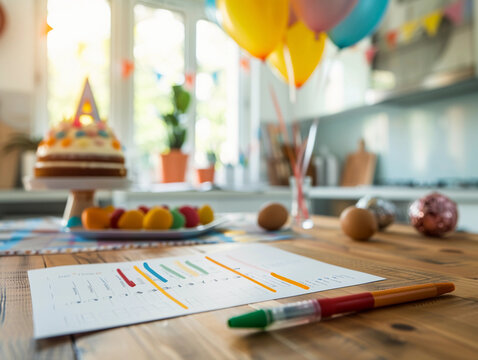 report card with straight A's, highlighted with a bright yellow marker, lying on a kitchen table with a celebratory cake and balloons in the background, warm, cheerful lighting making the scene inviti