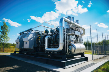 Industrial gas turbine electrical power generator installed outdoors under a clear blue sky with clouds. - obrazy, fototapety, plakaty