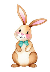 Obraz premium Watercolor illustration of a cute bunny with a bow in pastel colors. Easter bunny, postcard, colorful Easter greeting, spring holidays. Elements for Easter design, print, design