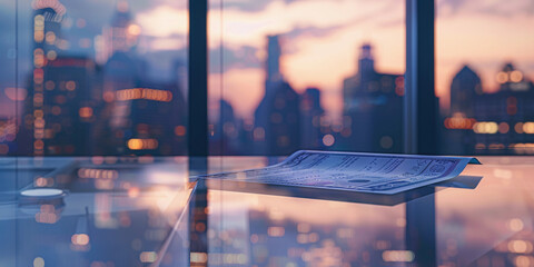 blank check on a modern, glass table, reflecting the city skyline through a nearby window, evening...
