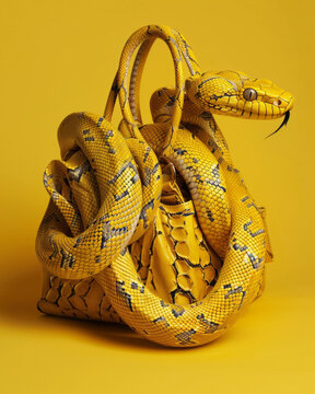 A vibrant image showcasing a yellow python with intricate patterns curled around itself against a plain yellow background, creating a striking monochromatic effect