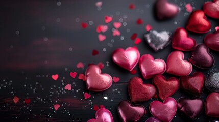 Red and pink hearts on the black background, metallic accents, light violet and dark gray, light crimson and dark brown, light indigo and crimson, scattered composition, romantic charm.