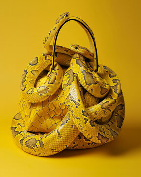 A vibrant image showcasing a yellow python with intricate patterns curled around itself against a plain yellow background, creating a striking monochromatic effect