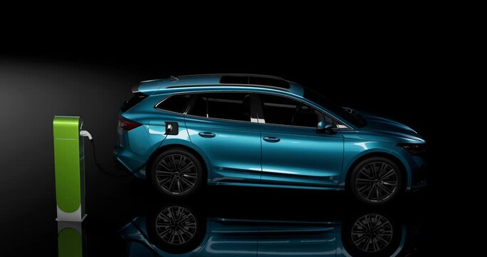 Generic electric car refueling through charger. Charging station provides eco-friendly sustainable power supply for EV vehicle. Concept for future green energy storage. 3D animation
