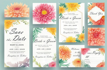 Garden Party Invitation. Abstract background save the day invitation, multi-purpose vector. Template. Watercolor chrysanthemum wedding invitation set. 