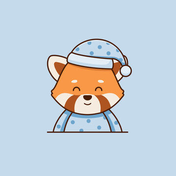 recommend clip art: Cute sleepy red panda in pajama and night cap in cartoon style. Vector flat illustration