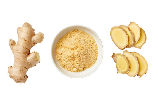 Top view ginger root and ginger powder isolated PNG
