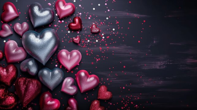 Fototapeta Red and pink hearts on the black background, metallic accents, light violet and dark gray, light crimson and dark brown, light indigo and crimson, scattered composition, romantic charm.