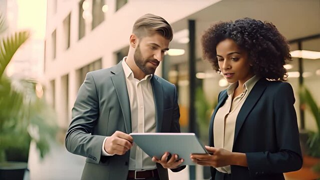 Young african project manager walking with handsome caucasian businessman, female discussing business plans with the company ceo, entrepreneurs using tablet computer for sharing corporate updates