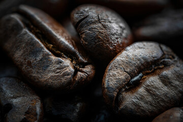 Close up macro photograph of whole roasted coffee beans rich and dark. Texture and grain. Wooden...