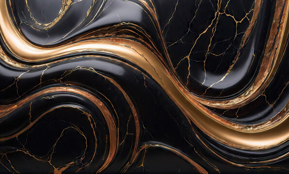 Abstract texture of black marble stone with glossy golden, Generative AI - Powered by Adobe