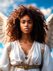 Portrait of a holy divine young black african woman angel with curly long hair