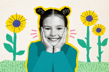 Creative template graphics collage image of dreamy child arms cheeks enjoying growing sunflowers...