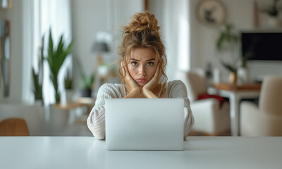 Young woman working at laptop thoughtful looking at camera in procrastination. Girl sitting at laptop with head on hand, absent minded or thinking with indifferent look