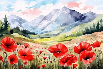 Vibrant Poppies Meadow with Majestic Mountains - Illustrated Generative AI