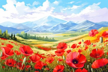 Vibrant Poppies Meadow with Majestic Mountains - Illustrated Generative AI
