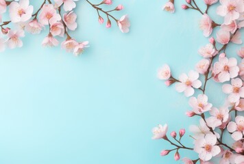 Obraz na płótnie Canvas Serene Blossoms: Delicate Pink Florals on Pastel Blue - Generative AI