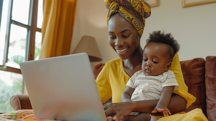 Young new mom holding cute baby in her arms at home while working on laptop