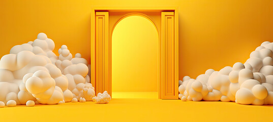 Abstract yellow background with door, white clouds flying