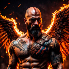 medieval fantasy warrior man with angel wings and fire around