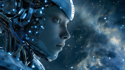 A gentle female robot hovering in the vast void of outer space. Generative AI.