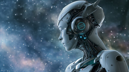 An AI-powered female robot, drifting in outer space with a backdrop of the Milky Way. Generative AI.