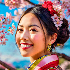 Asian woman wearing kimono and among cherry tree branches