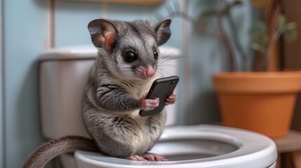 A sugar glider perched on a toilet lid, its tiny hands holding a smartphone as it appears to be br - obrazy, fototapety, plakaty