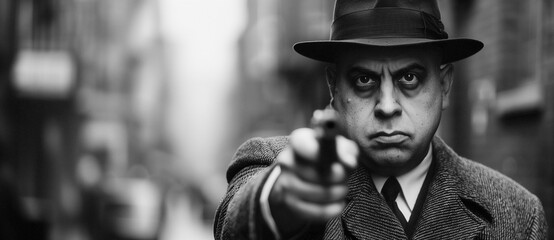 a bootlegger mobster aiming a pistol with an intense expression - obrazy, fototapety, plakaty