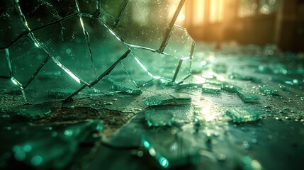 Shards of broken glass scattered across the floor, reflecting fractured patterns of light and shad - obrazy, fototapety, plakaty