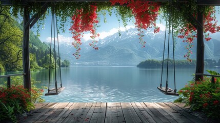 An idyllic lakeside scene with a swing perched on the edge of a wooden dock, providing a perfect s - obrazy, fototapety, plakaty