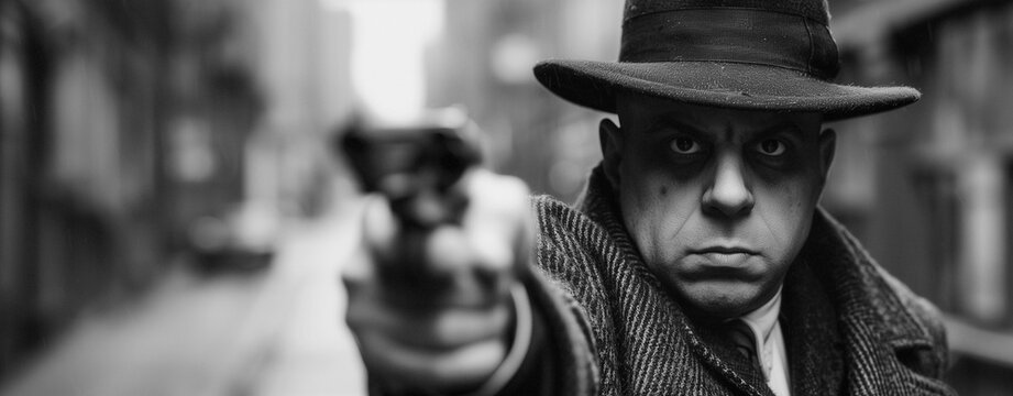 a bootlegger mobster aiming a pistol with an intense expression