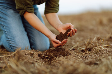 Farmer holding soil in hands close-up. Organic gardening, agriculture. Cultivated dirt, earth, ground, brown land background, nature. 