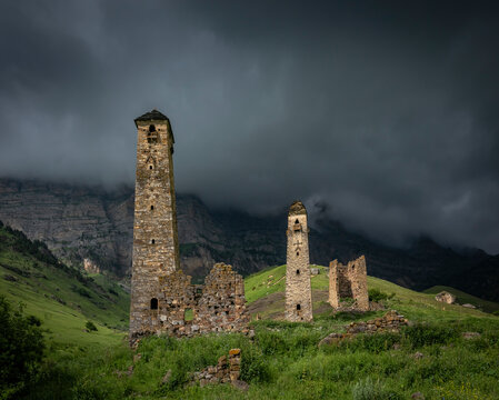 View of a small village with towers in Ingushetia region along Mount Elbrus valley, Karachay-Cherkess, The Caucasus, Russia.