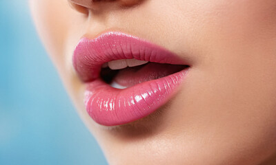 Fototapeta premium A captivating close-up of a woman’s lips, painted with a vibrant shade of pink lipstick. The image exudes femininity and elegance, capturing the allure of beauty and makeup.