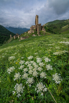 View of a small village with towers in Ingushetia region along Mount Elbrus valley, Karachay-Cherkess, The Caucasus, Russia.
