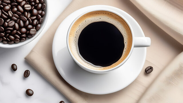 Hot espresso in white cup with beige napkin and coffee beans on the white background, morning routine, poster, top view, close up