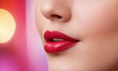 Fototapeta premium A captivating close-up of a woman’s lips, painted in a vibrant shade of red lipstick. The image exudes femininity and elegance, capturing the allure of beauty and makeup.