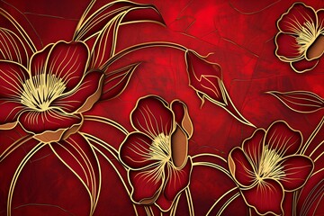 art nouveau floral background, gold metallic lines on a bold red background