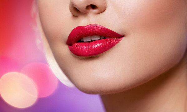 A captivating close-up of a woman’s lips, painted in a vibrant shade of red lipstick. The image exudes femininity and elegance, capturing the allure of beauty and makeup.