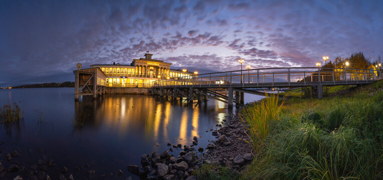 View of a passenger ferry pier along the Volga river, Kostroma, Russia.